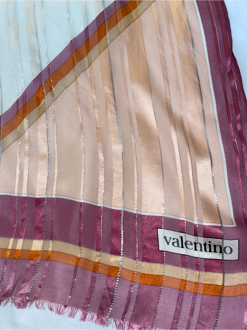 Valentino Pink, Peach and Burgundy Striped Silk Scarf